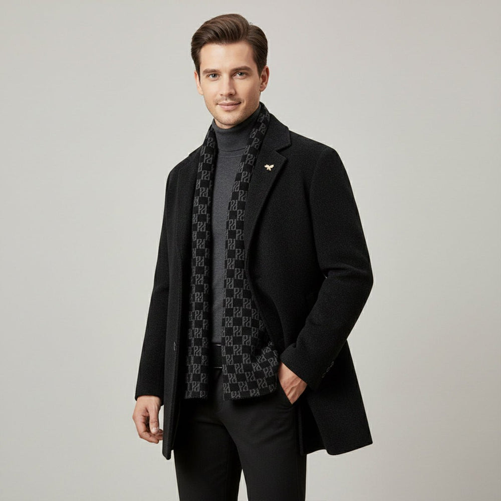 Men's Warm Fur Lined Coat | Scarf Collar Tailored Fit Front