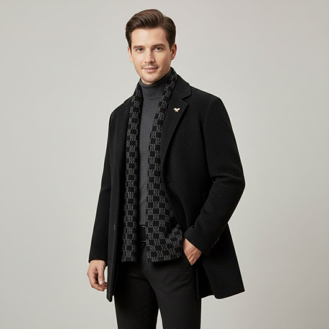 Men's Warm Fur Lined Coat | Scarf Collar Tailored Fit Front