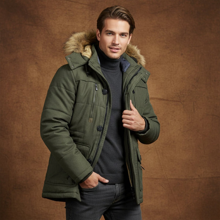 Men's Warm Winter Parka Jacket | Detachable Fur Hood Lined Angle