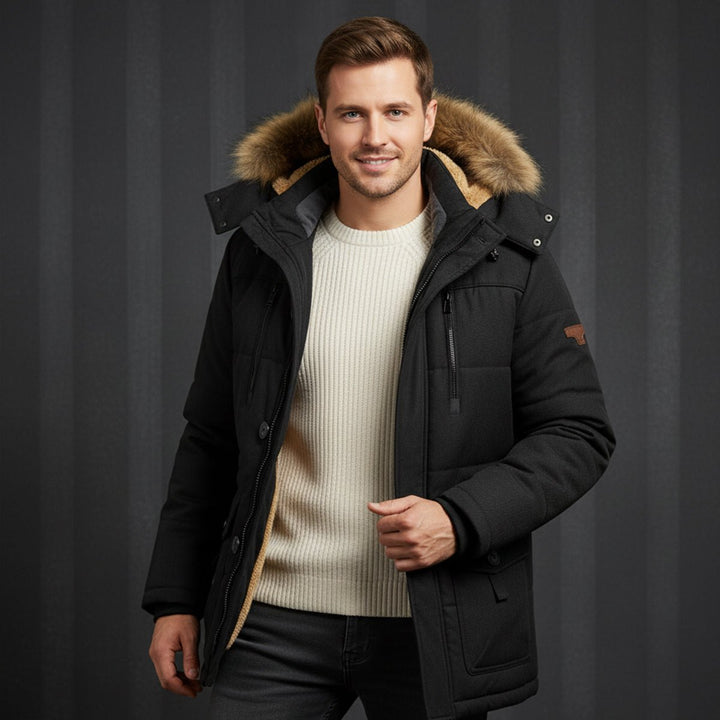 Men's Warm Winter Parka Jacket | Detachable Fur Hood Lined Close Up