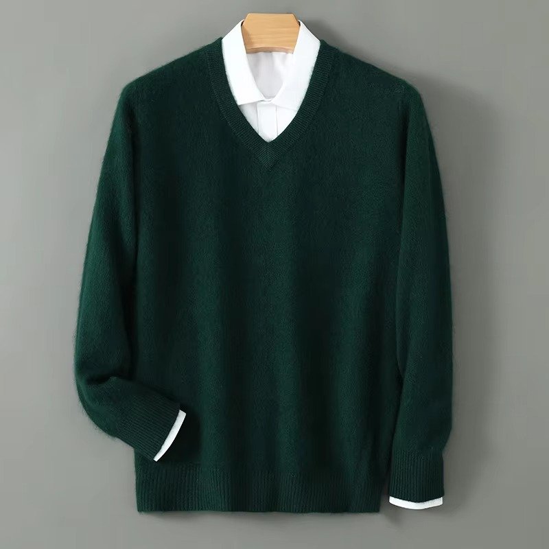 Men's Warm Wool Blend V Neck Knitted Pullover | Loose Fit Detail