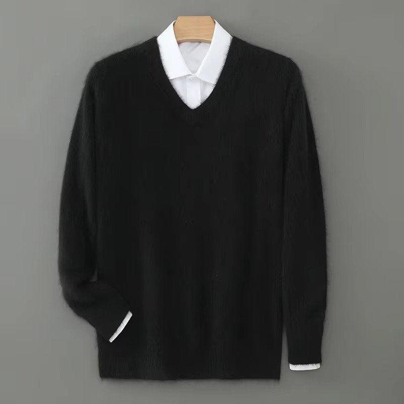 Men's Warm Wool Blend V Neck Knitted Pullover | Loose Fit Front