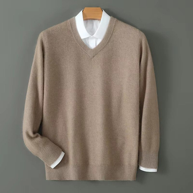 Men's Warm Wool Blend V Neck Knitted Pullover | Loose Fit Side