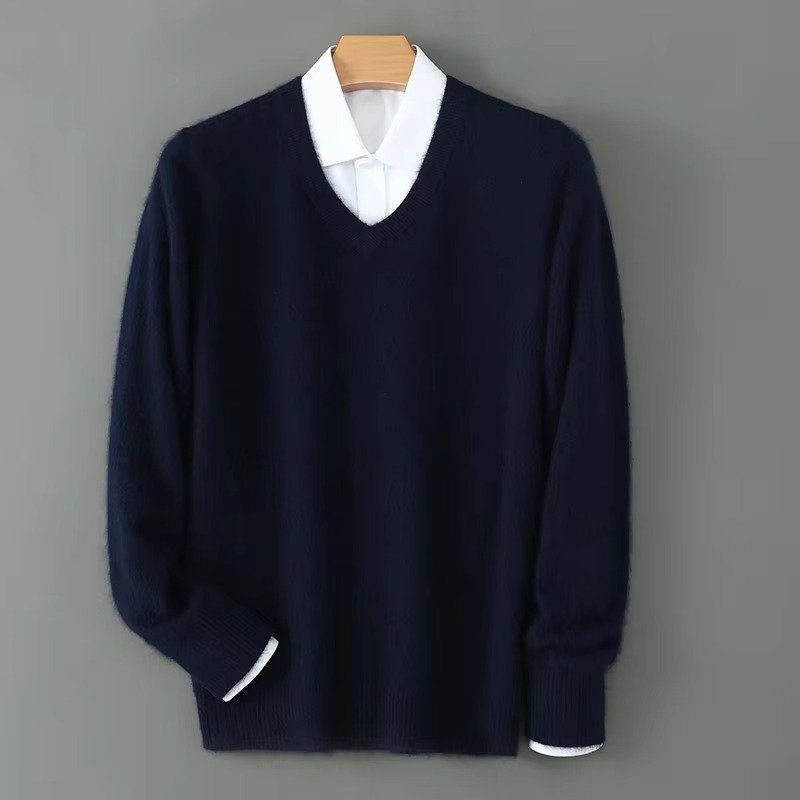 Men's Warm Wool Blend V Neck Knitted Pullover | Loose Fit View 13