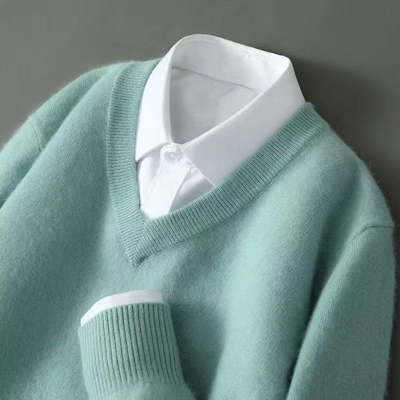 Men's Warm Wool Blend V Neck Knitted Pullover | Loose Fit View 14