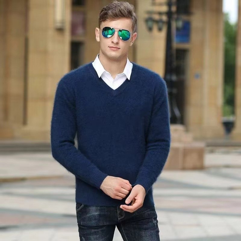 Men's Warm Wool Blend V Neck Knitted Pullover | Loose Fit View 17