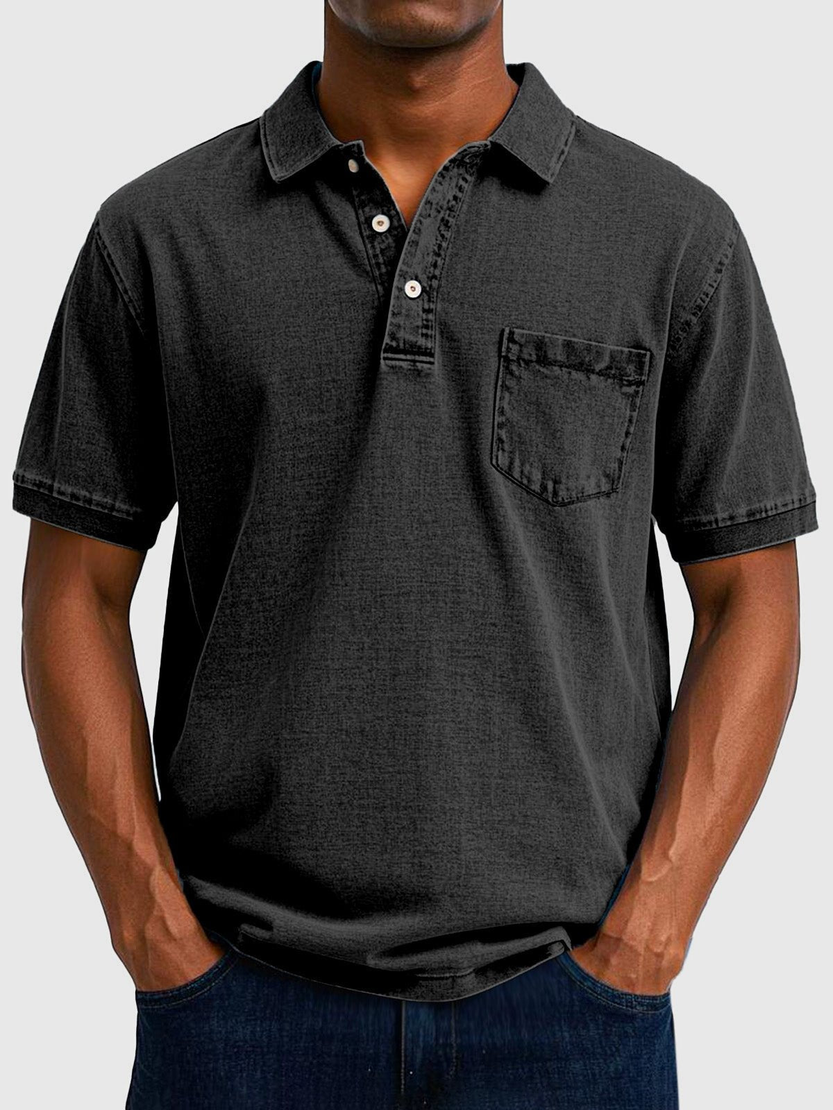 Men's Washed Cotton-Denim Polo Top Side