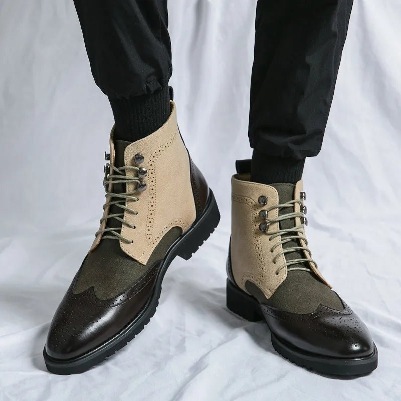 Men's Wingtip Brogue Leather Boots | Suede Panel Oxford Angle