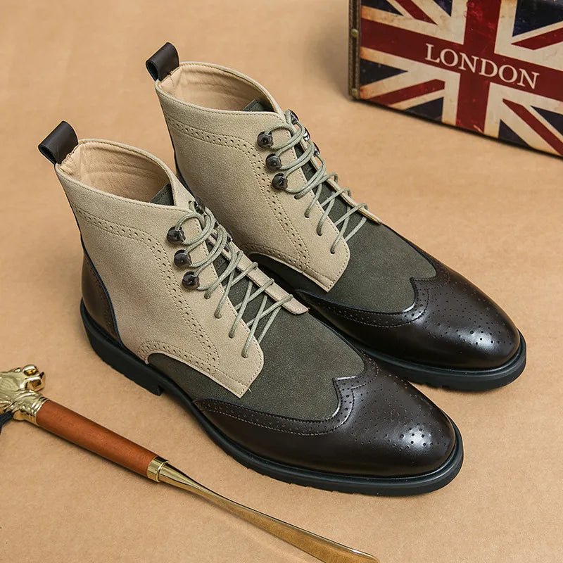 Men's Wingtip Brogue Leather Boots | Suede Panel Oxford Close Up