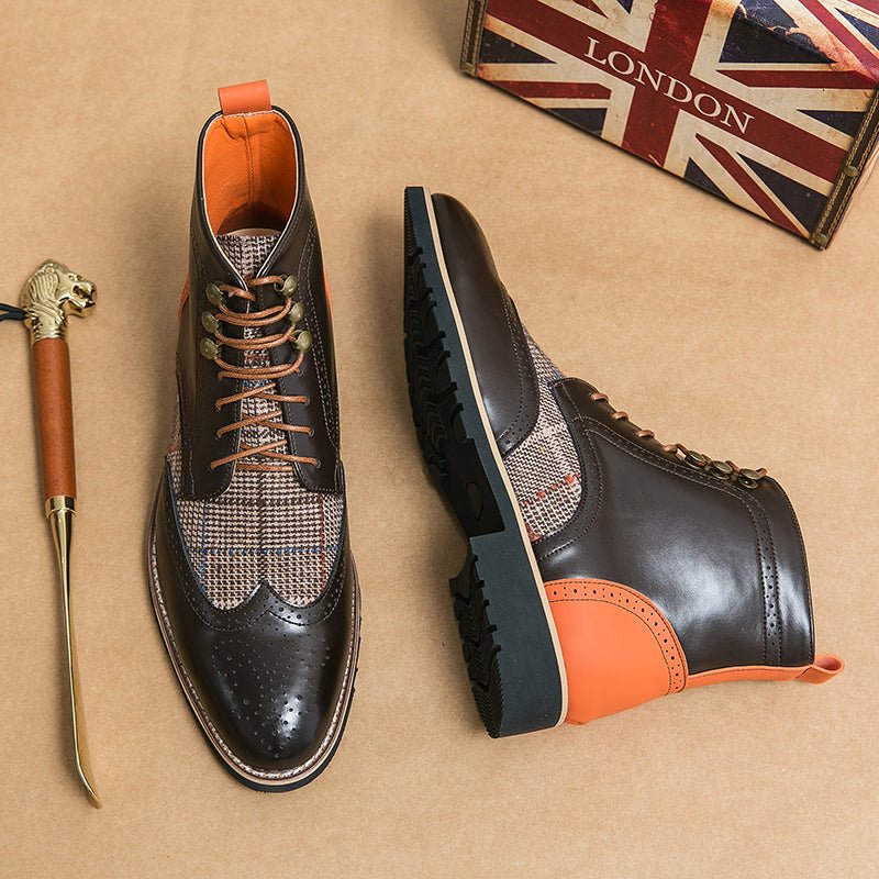 Men's Wingtip Brogue Leather Boots | Suede Panel Oxford Front