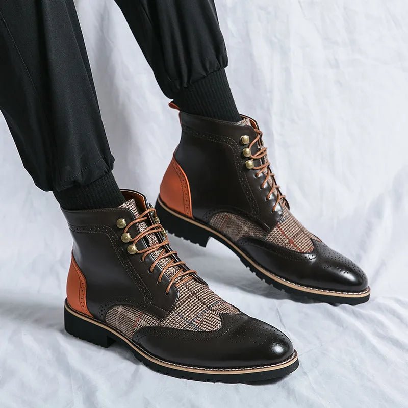 Men's Wingtip Brogue Leather Boots | Suede Panel Oxford Side