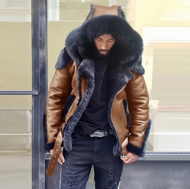 Men's Winter Leather Jacket Fur Collar | Wool Lining Back