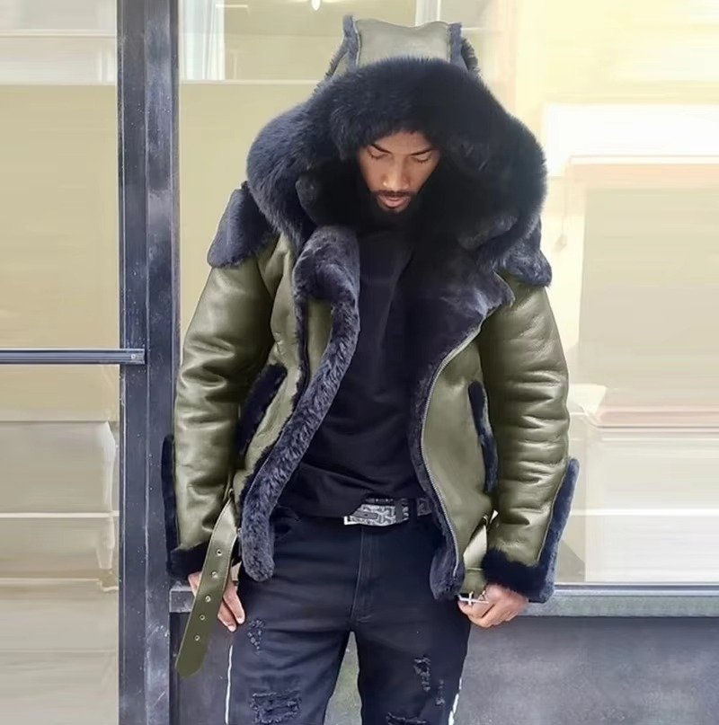 Men's Winter Leather Jacket Fur Collar | Wool Lining Detail