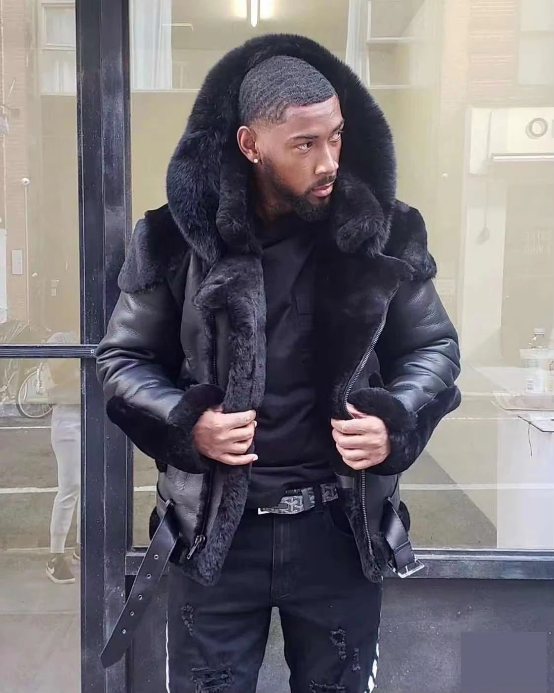 Men's Winter Leather Jacket Fur Collar | Wool Lining Hero
