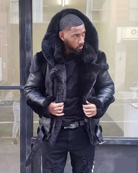Men's Winter Leather Jacket Fur Collar | Wool Lining Hero
