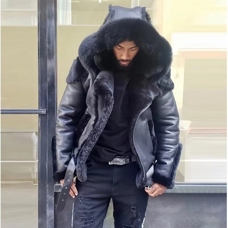 Men's Winter Leather Jacket Fur Collar | Wool Lining Side