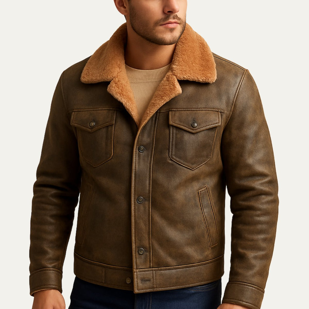 Men's Winter Shearling Biker Leather Jacket | Sherpa Lined Front