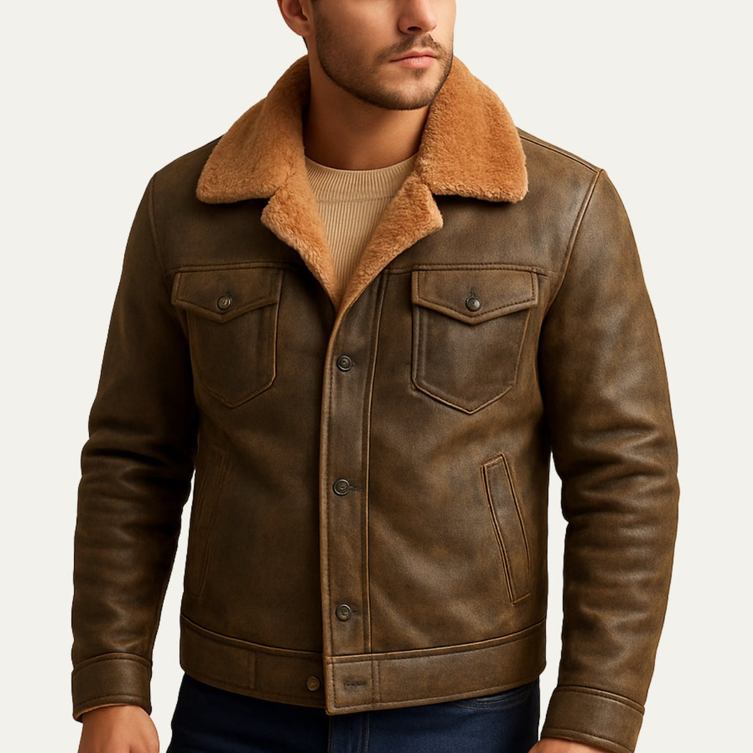 Men's Winter Shearling Biker Leather Jacket | Sherpa Lined Front