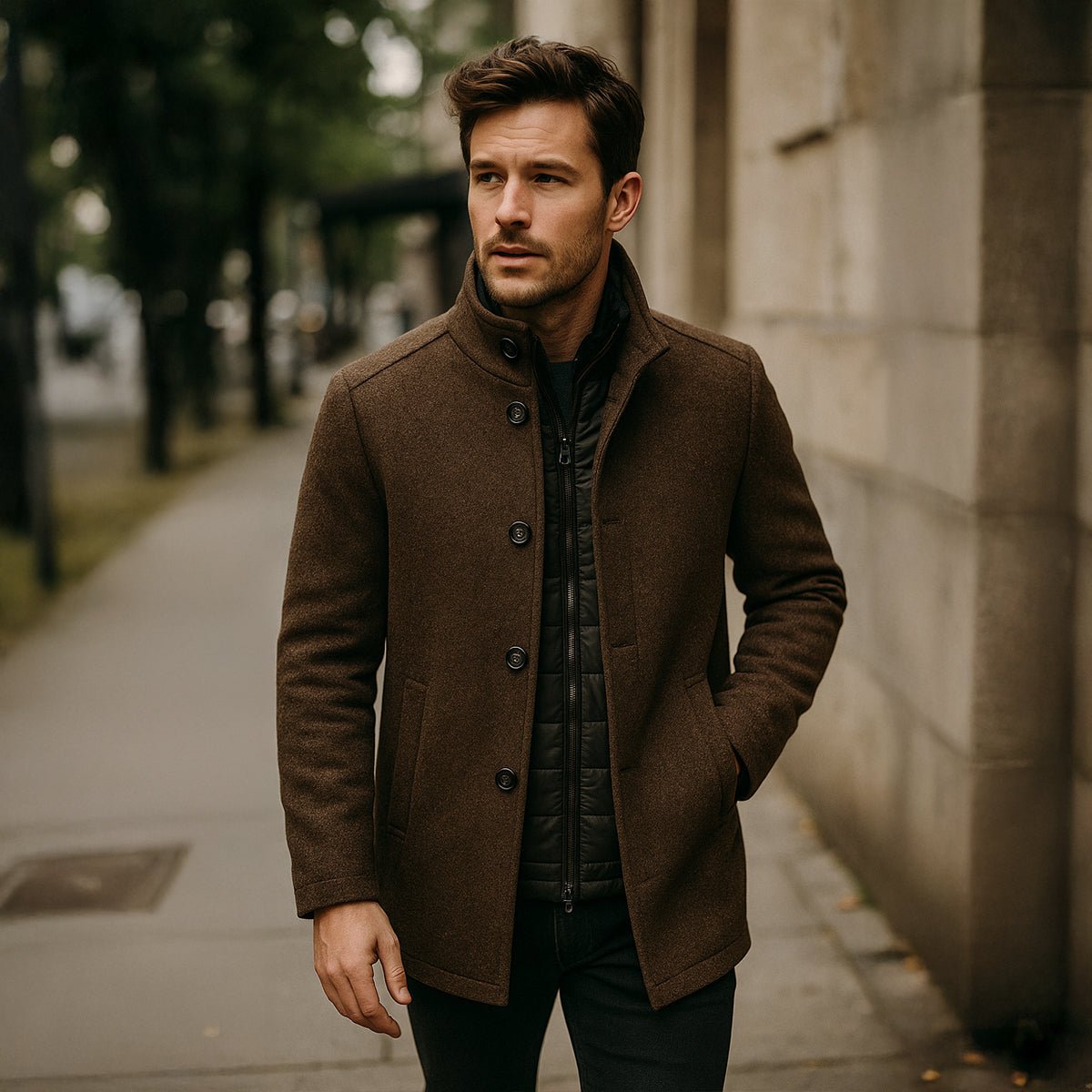 Men's Wool Blend Classic Trench Coat | Detachable Inner Vest View 11