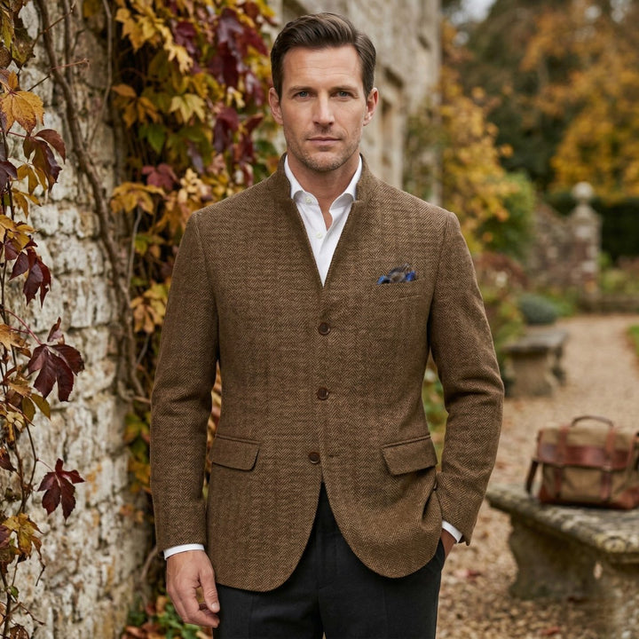 Men's Wool Single Breasted Tweed Blazer Jacket | Stand Collar Back