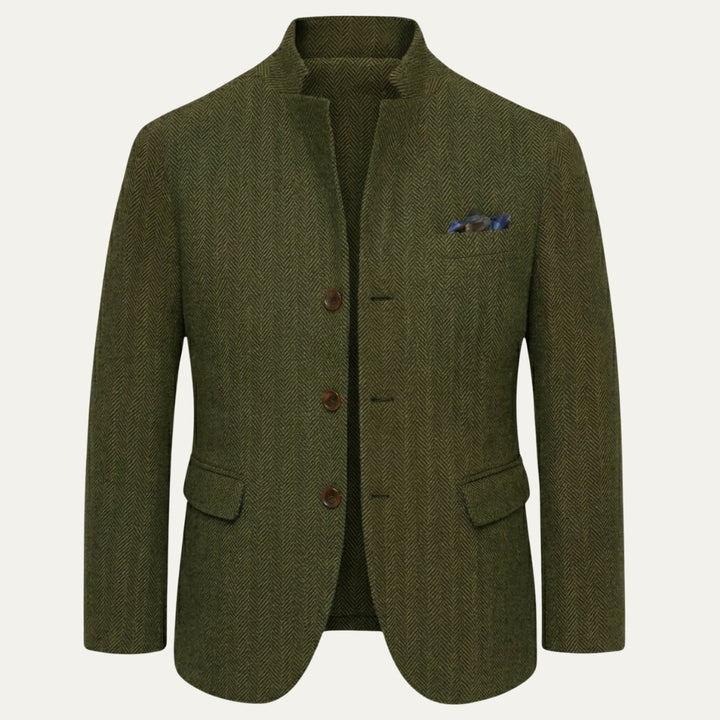 Men's Wool Single Breasted Tweed Blazer Jacket | Stand Collar Detail