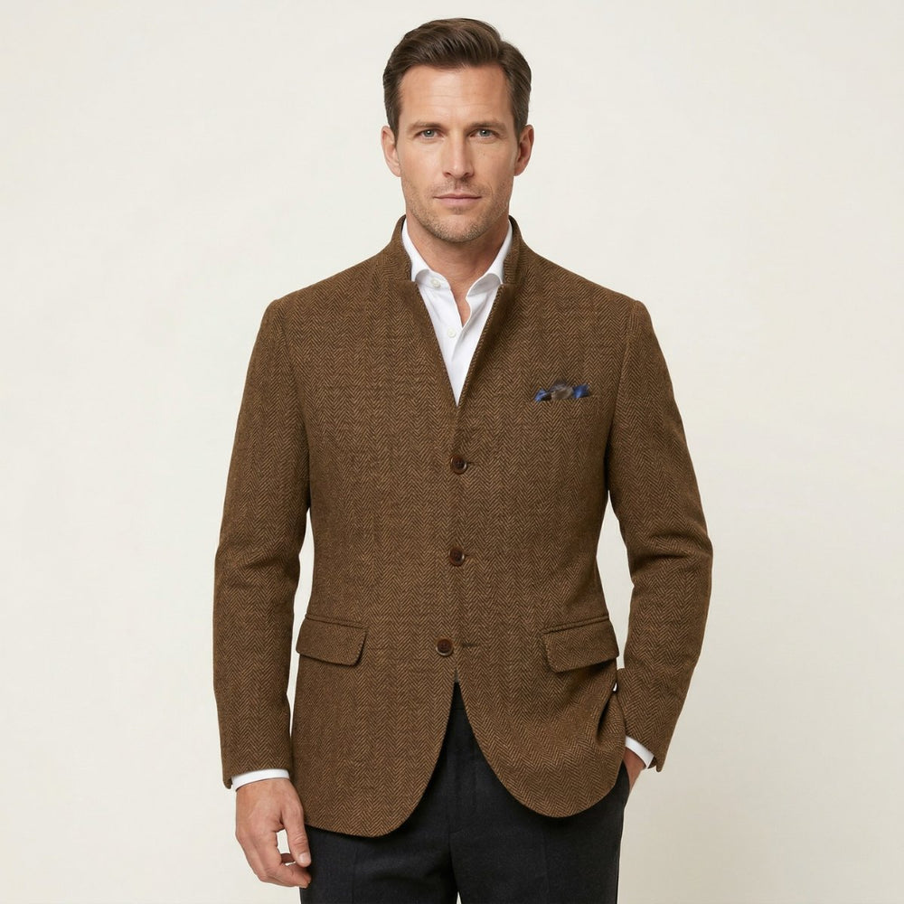 Men's Wool Single Breasted Tweed Blazer Jacket | Stand Collar Front