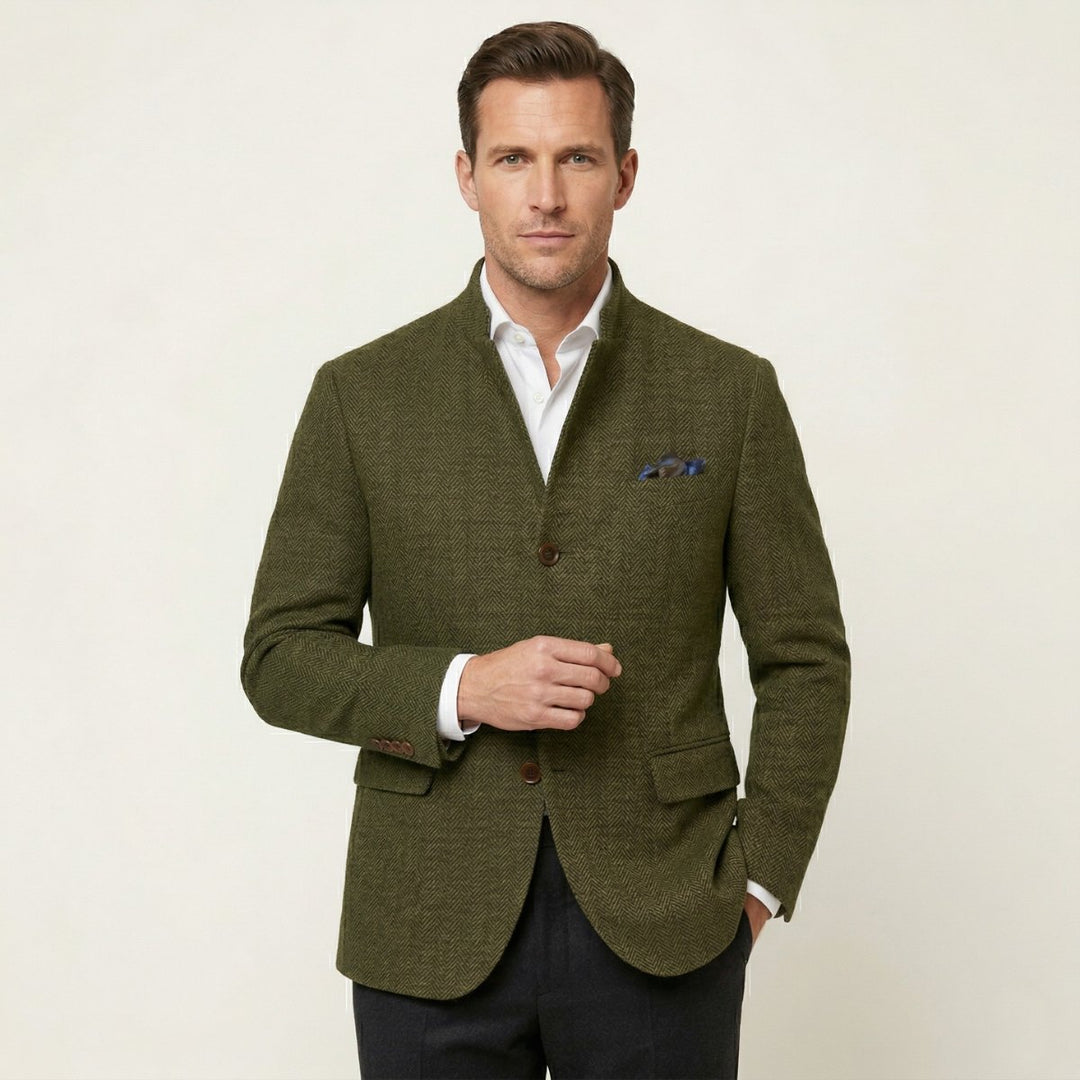 Men's Wool Single Breasted Tweed Blazer Jacket | Stand Collar Side