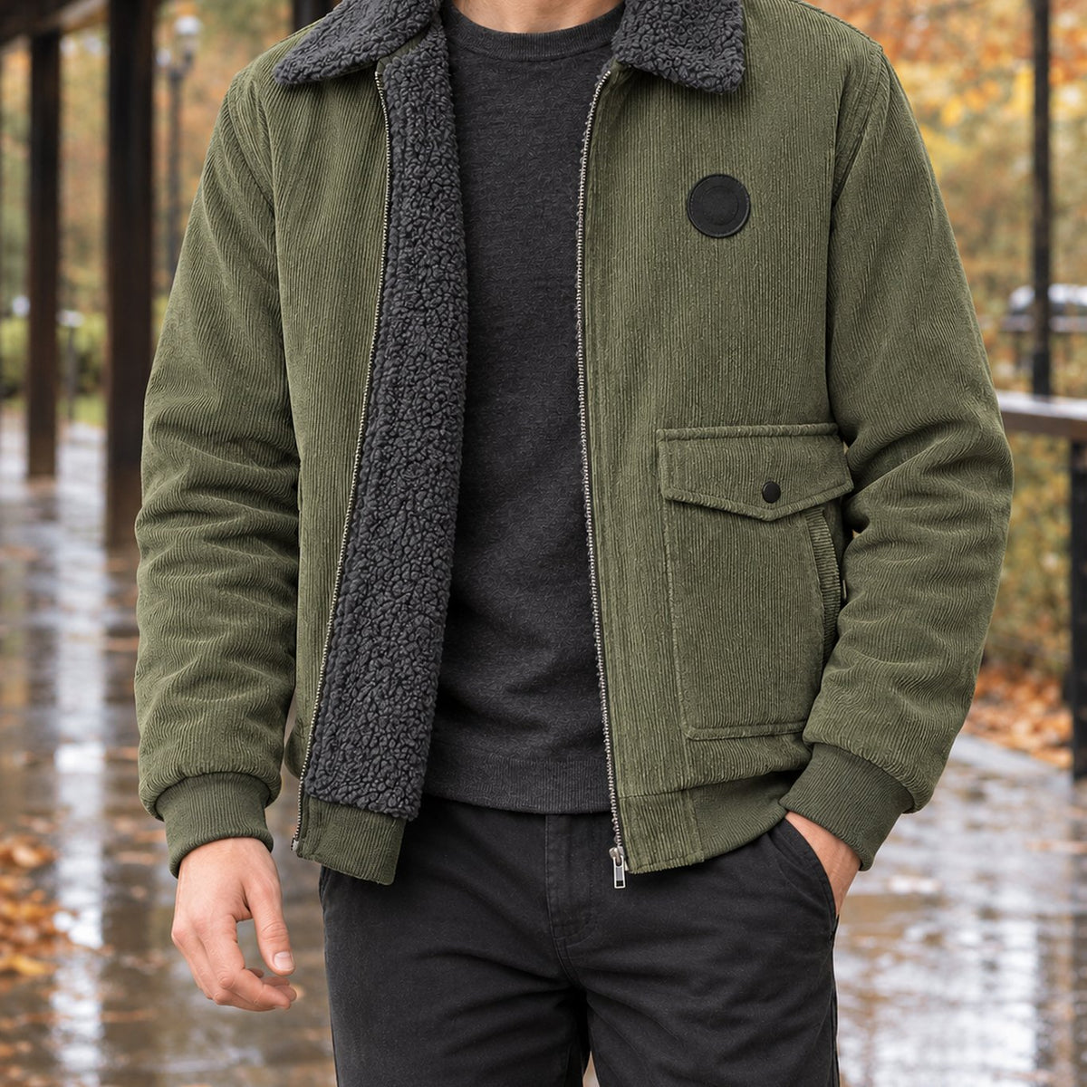 Men's Zip-Front Lined Jacket | Ribbed Cuff Casual Layer Side