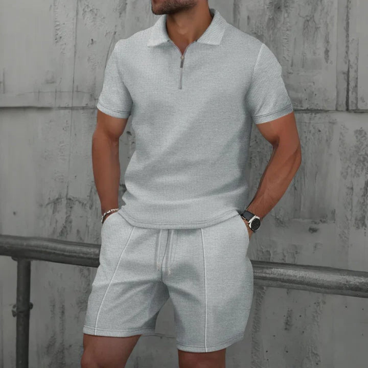 Men's Zip Two Piece Waffle Polo Set Angle