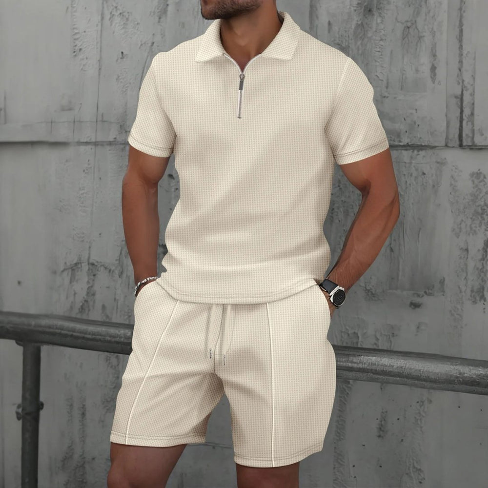 Men's Zip Two Piece Waffle Polo Set Front