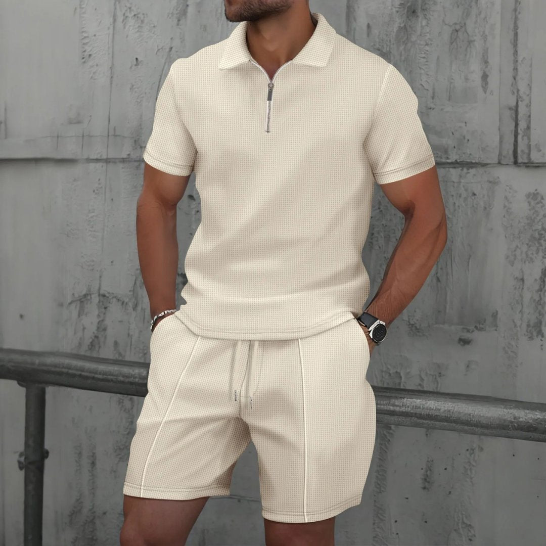 Men's Zip Two Piece Waffle Polo Set Front