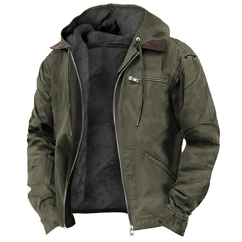 Men's Zip-Up Hooded Jacket | Layered Collar Soft Shell Side