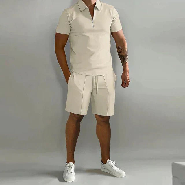 Men's Zipper Polo Shirts & Shorts Set | Casual Summer Close Up