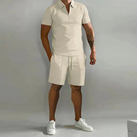 Men's Zipper Polo Shirts & Shorts Set | Casual Summer Close Up