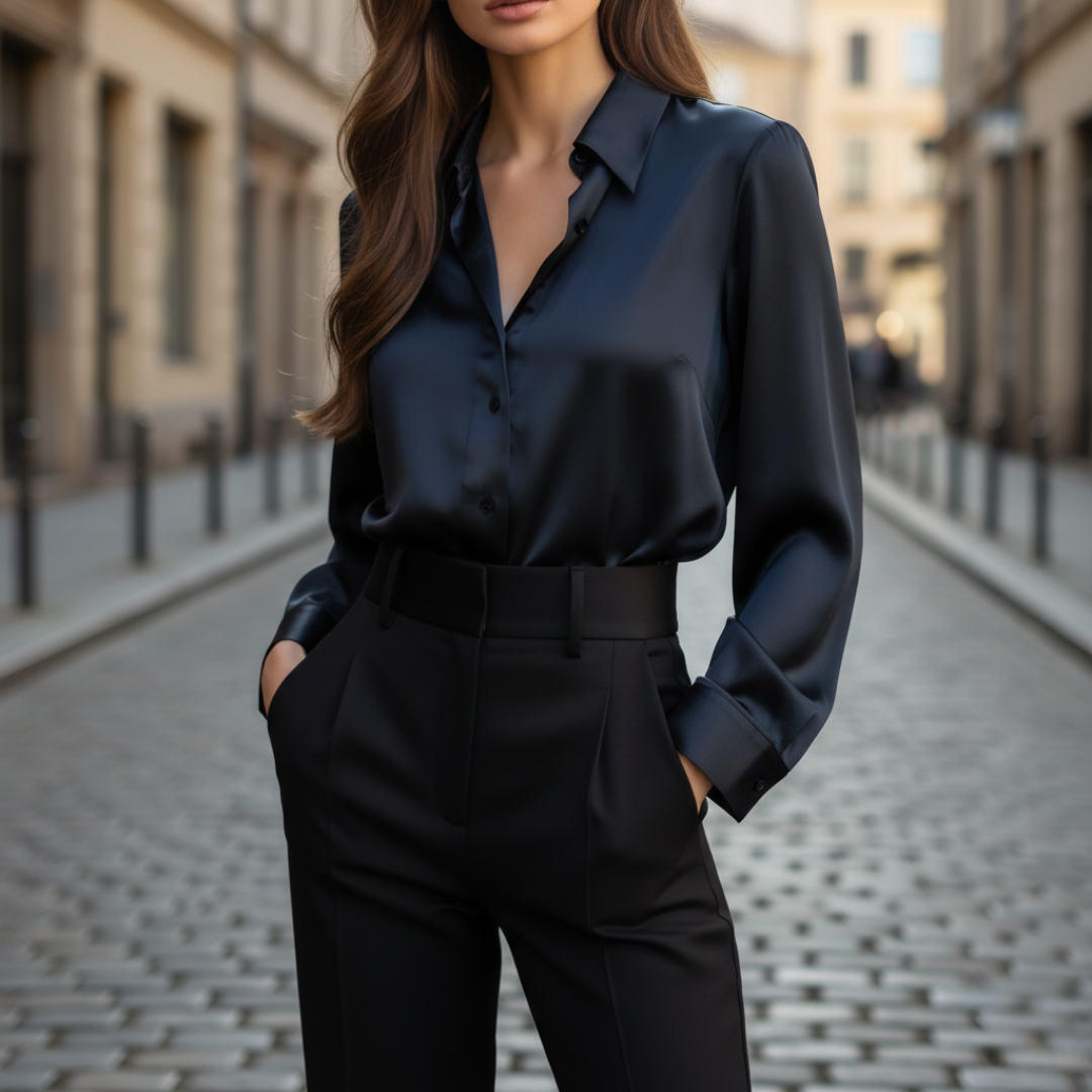 Damen Satin-Bluse Seiden-Optik Langarm mit Knopfleiste | Vestea