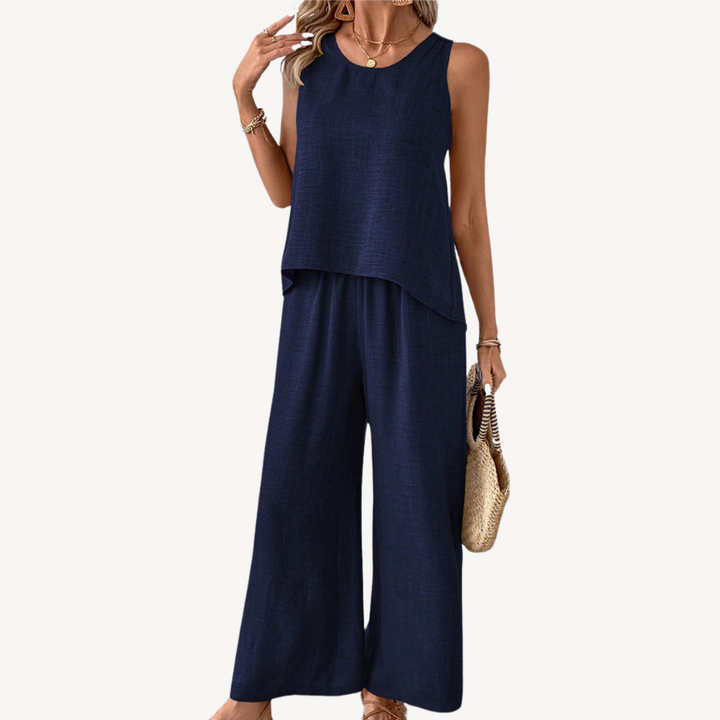 Leinen Tank Top Weite Bein Hose Damen | Vestea