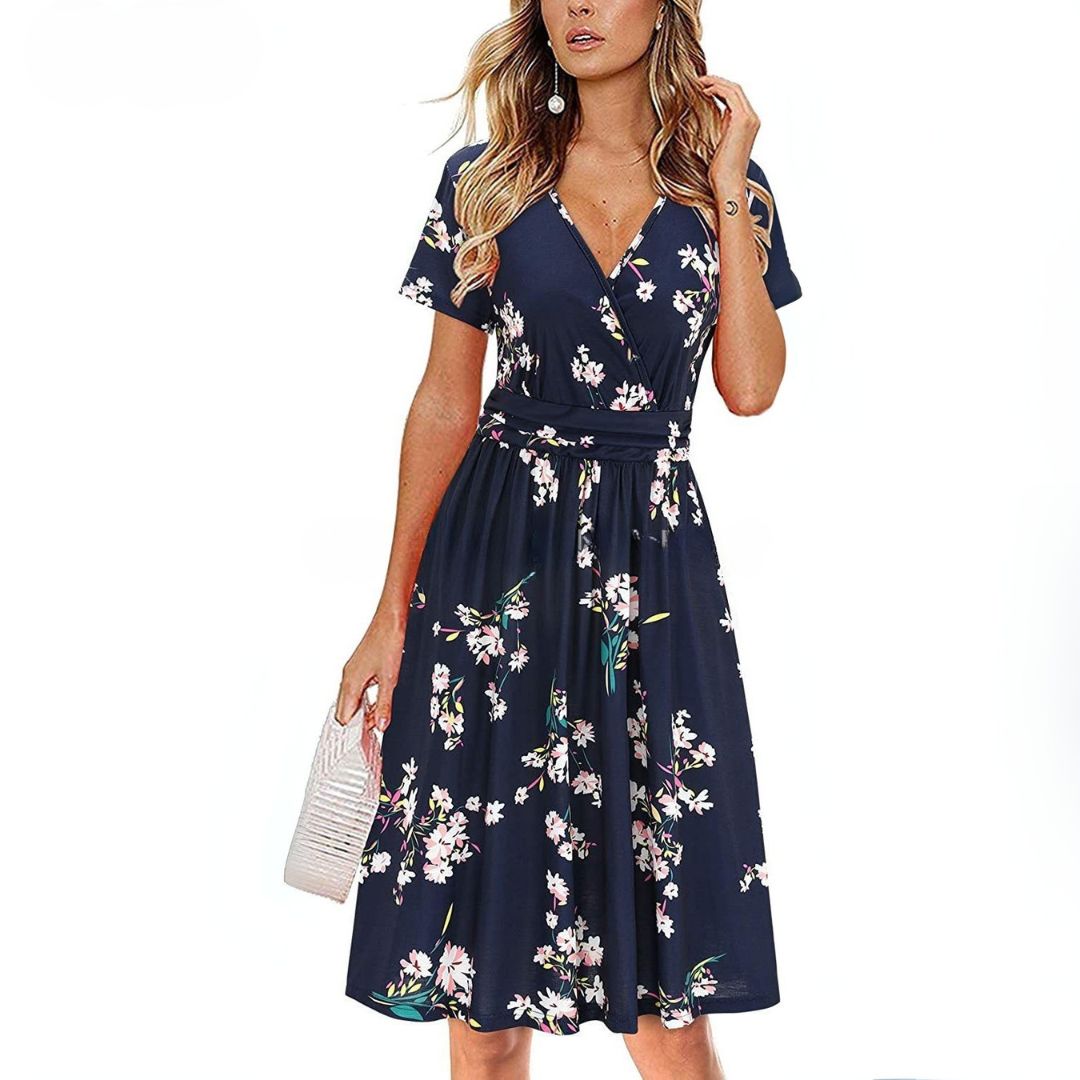 Damen Blumen-Wickelkleid Midi aus Polyester | Vestea