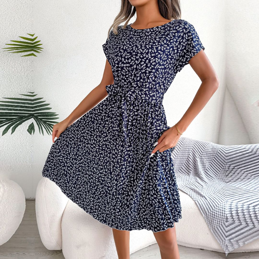 Damen Midikleid mit Abstraktem Druck und Bindegürtel | Vestea