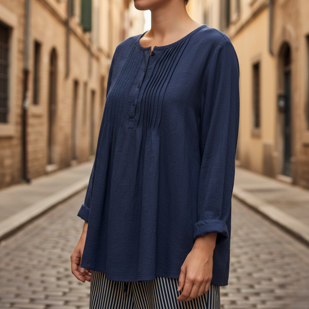 Blouse tunique à plis nervurés manches longues coupe décontractée femme