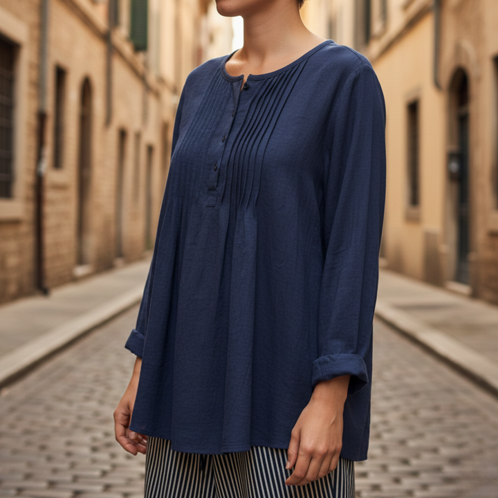 Blouse tunique à plis nervurés manches longues coupe décontractée femme