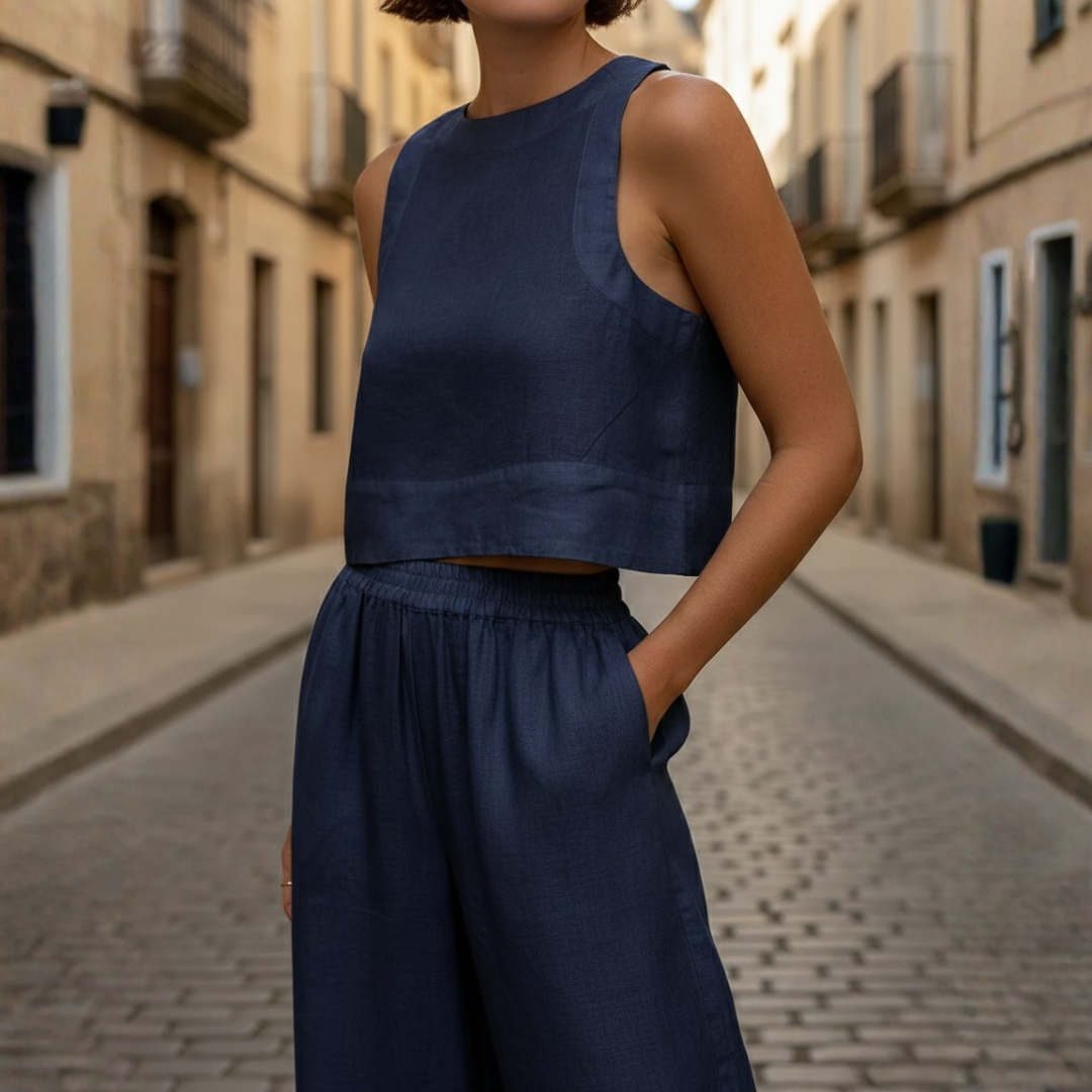 Conjunto de dos piezas: top corto y pantalones de pierna ancha sin mangas para mujer