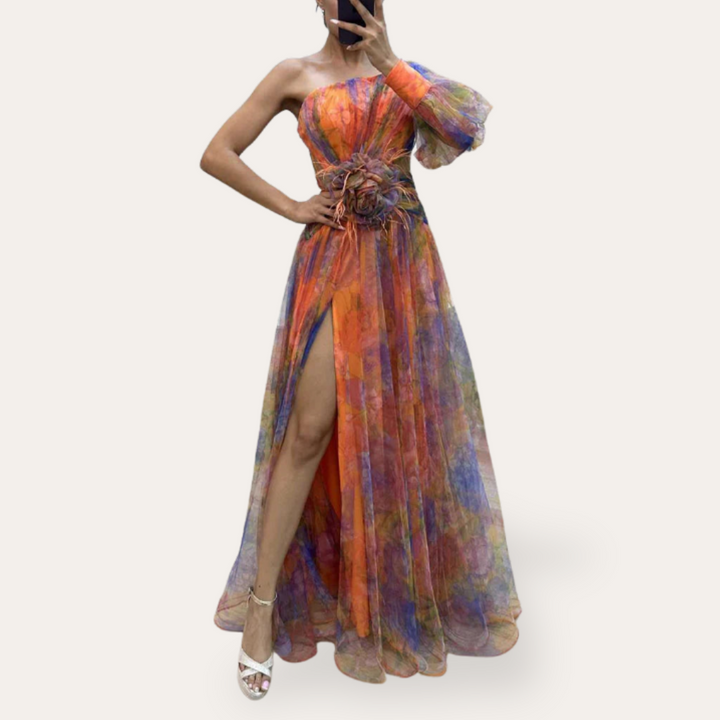 Vestea | Damen Chiffon Abendkleid – One-Shoulder, Bunt, Elegant
