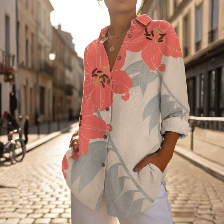 Camisa abotonada de manga larga con estampado floral para mujer, de corte amplio