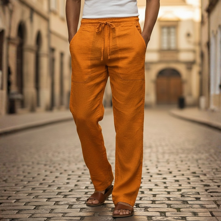 Pantalones holgados de lino para hombre con cordón