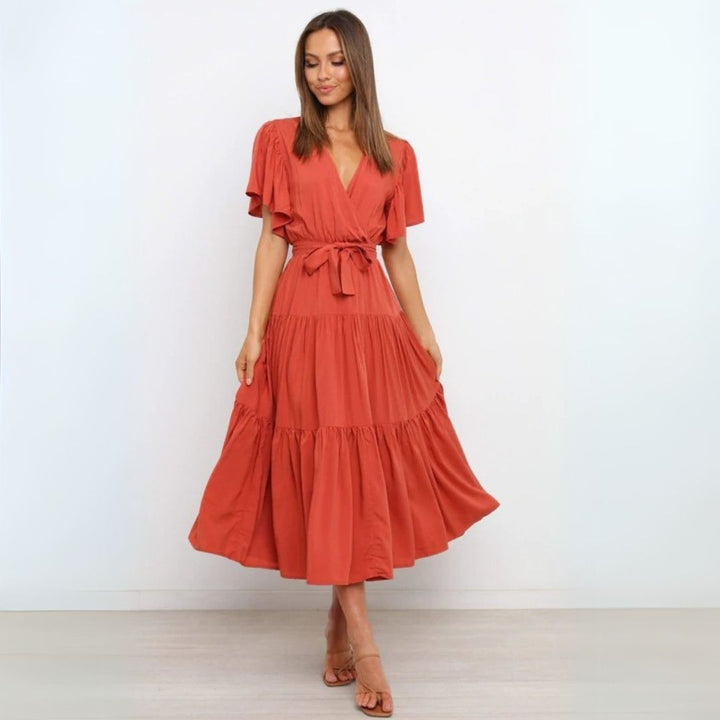 Rüschenärmel Kleid mit V-Ausschnitt Damen | Vestea