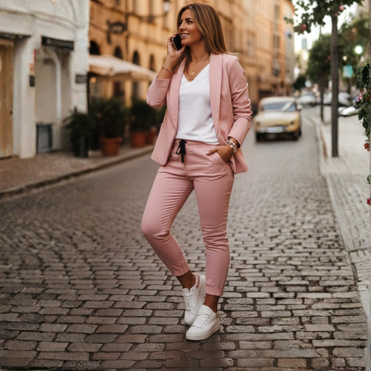 Blazer and Jogger Set Open Front Ruched Sleeve Womens