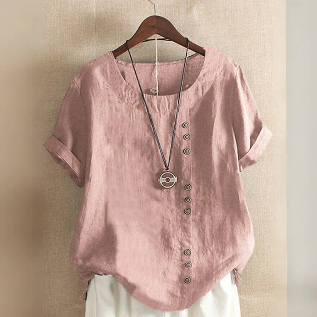 Damen Leinen Baumwolle Kurzarm Bluse | Vestea