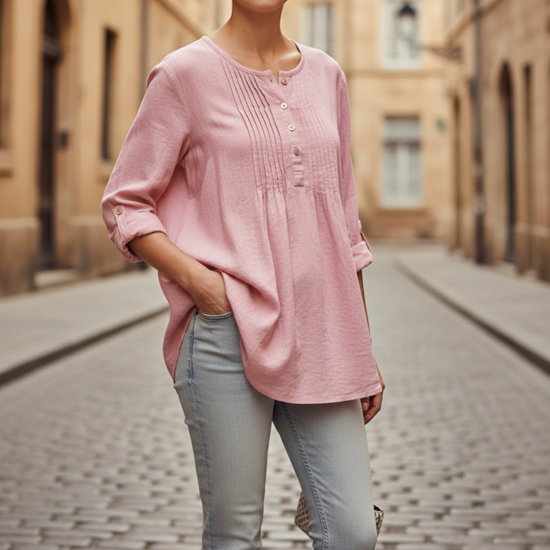 Blouse tunique à plis nervurés manches longues coupe décontractée femme