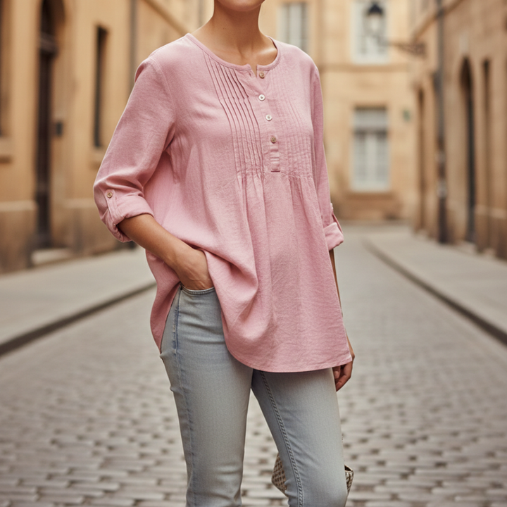 Blouse tunique à plis nervurés manches longues coupe décontractée femme