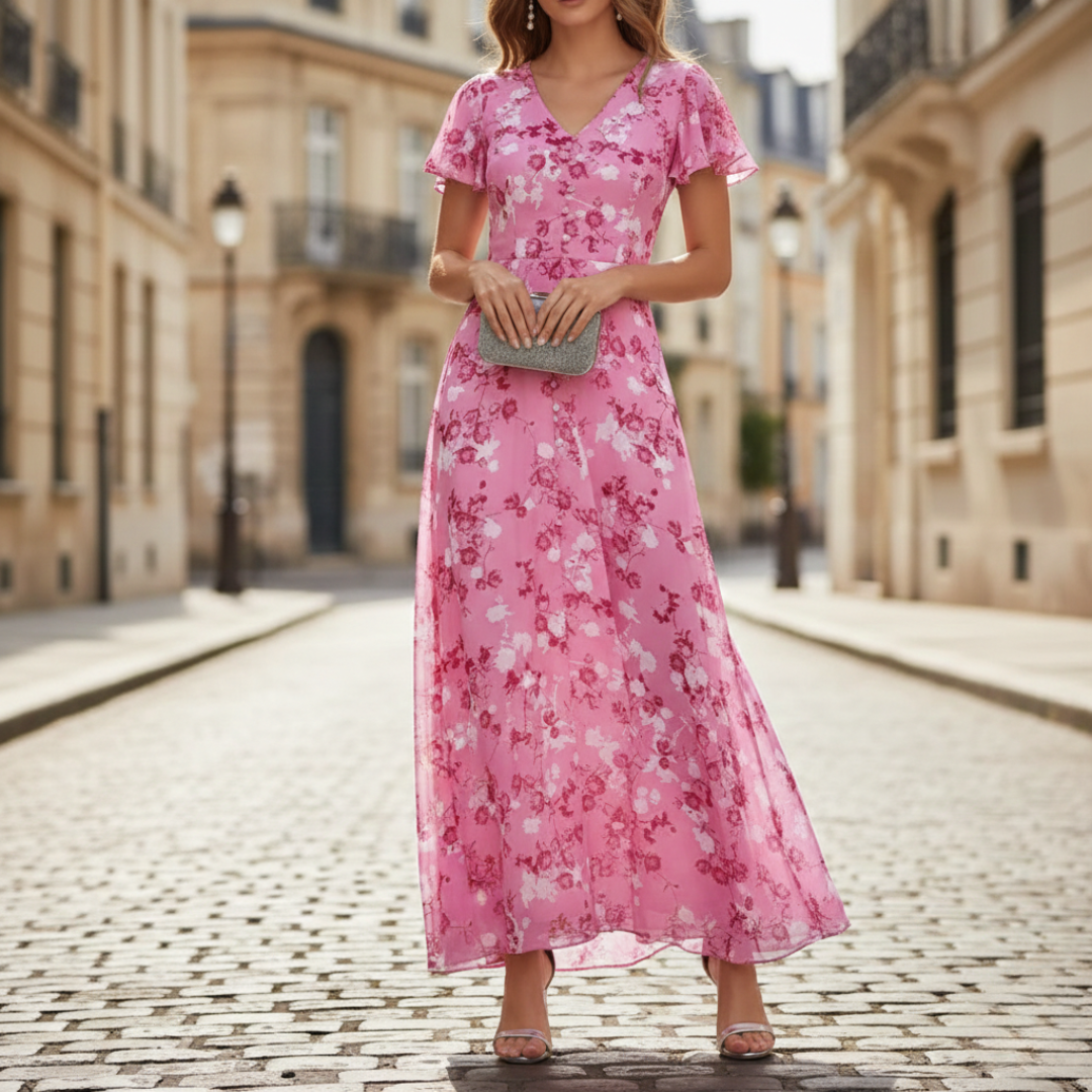 Robe longue à manches courtes fleurie pour femme